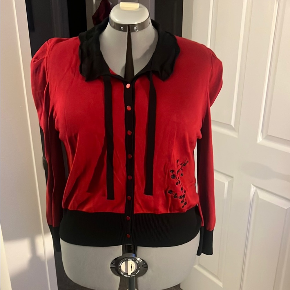 Dancing days by Banned red cardigan with lace collar and cherry blossoms